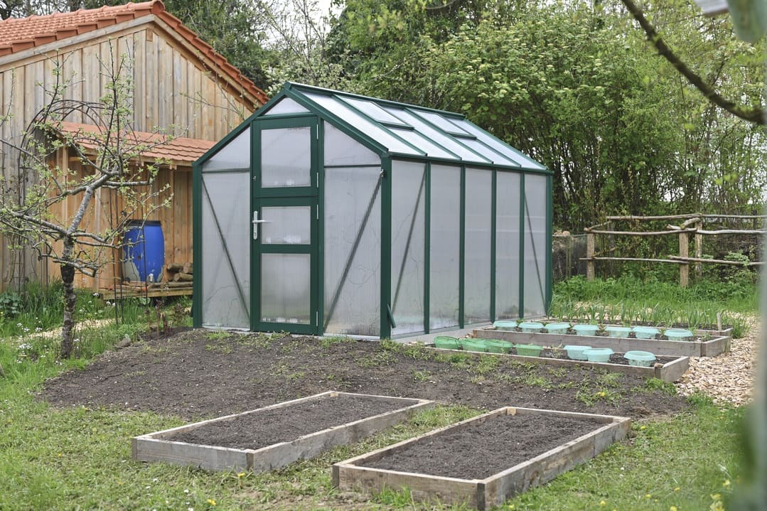 Grünes Gewächshaus mit Polycarbonatplatten in einem Garten, umgeben von Beeten mit frisch vorbereiteter Erde.